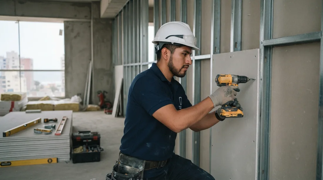 Obrero instalando drywall en obra de construcción en Lima